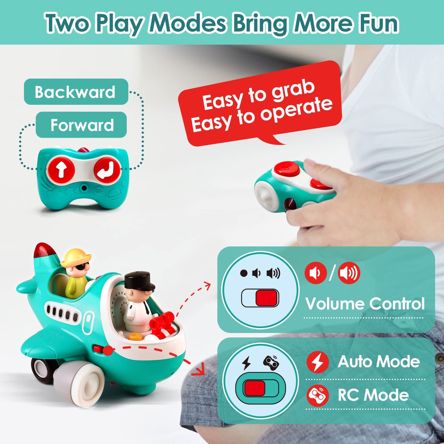 iPlay iLearn Baby Airplane Toy - Remote-Control Plane with Lights & Sounds for Toddlers 2-4