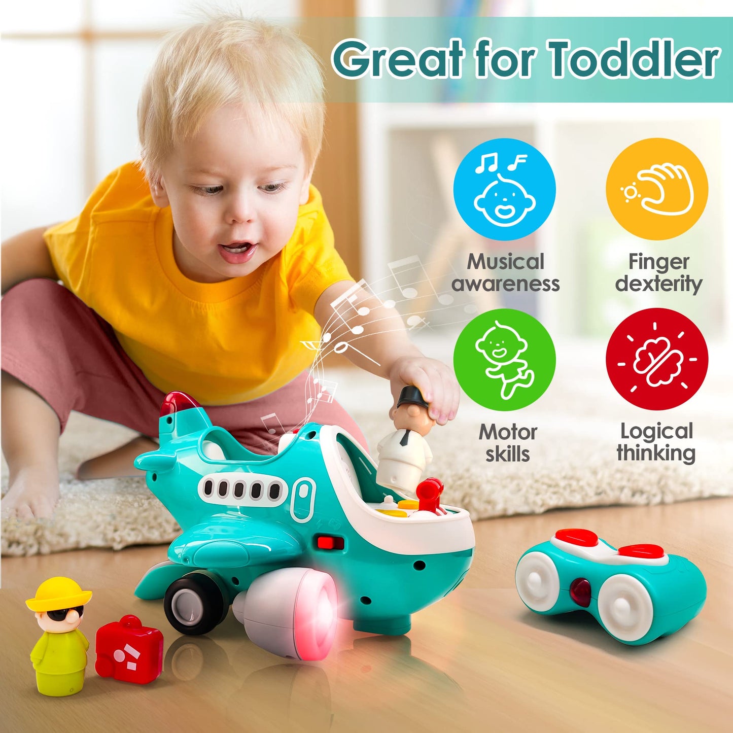 iPlay iLearn Baby Airplane Toy - Remote-Control Plane with Lights & Sounds for Toddlers 2-4