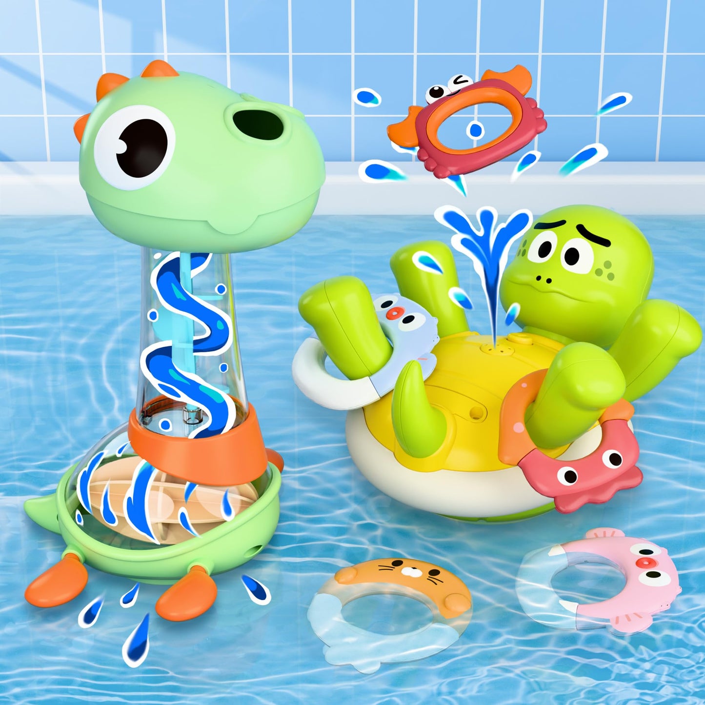 iPlay iLearn Baby Bath Toy Set – Rechargeable Turtle Sprinkler & 5 Rings for Toddlers