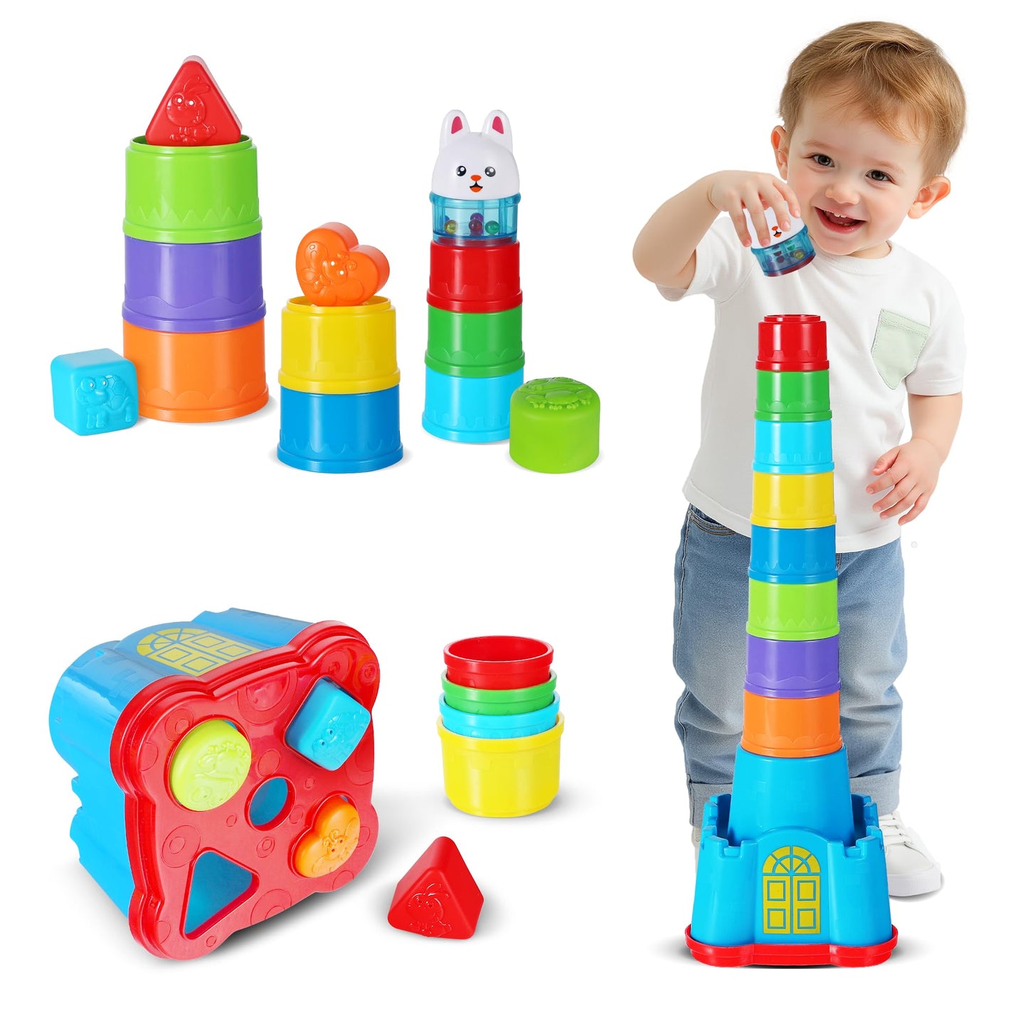 iPlay iLearn Baby Stacking Toys – 18-Piece Nesting Cups & Shape Sorter for 12–36 Months