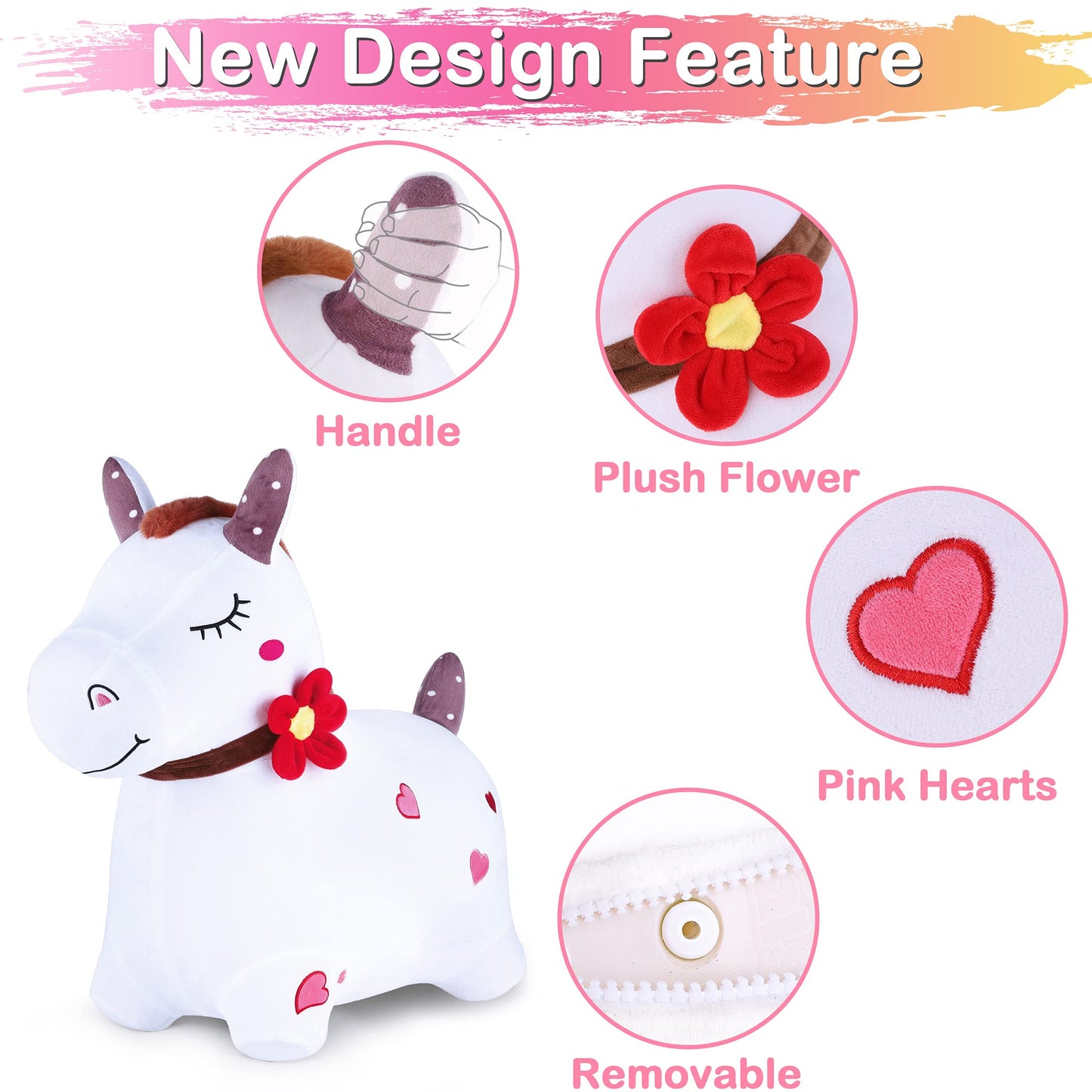 iPlay, iLearn Bouncy Pals White Hopping Horse | Plush Inflatable Ride-On Toy with Pump