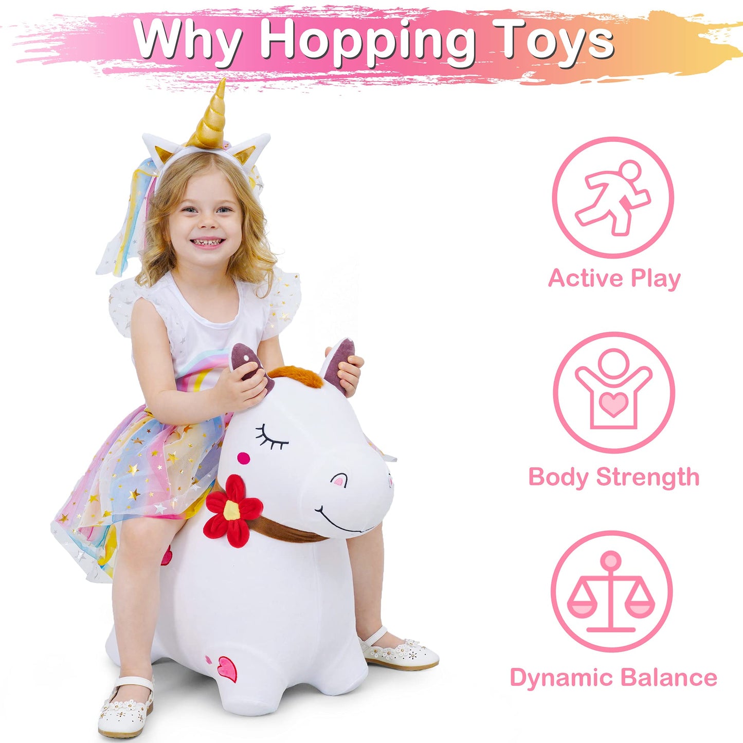 iPlay, iLearn Bouncy Pals White Hopping Horse | Plush Inflatable Ride-On Toy with Pump
