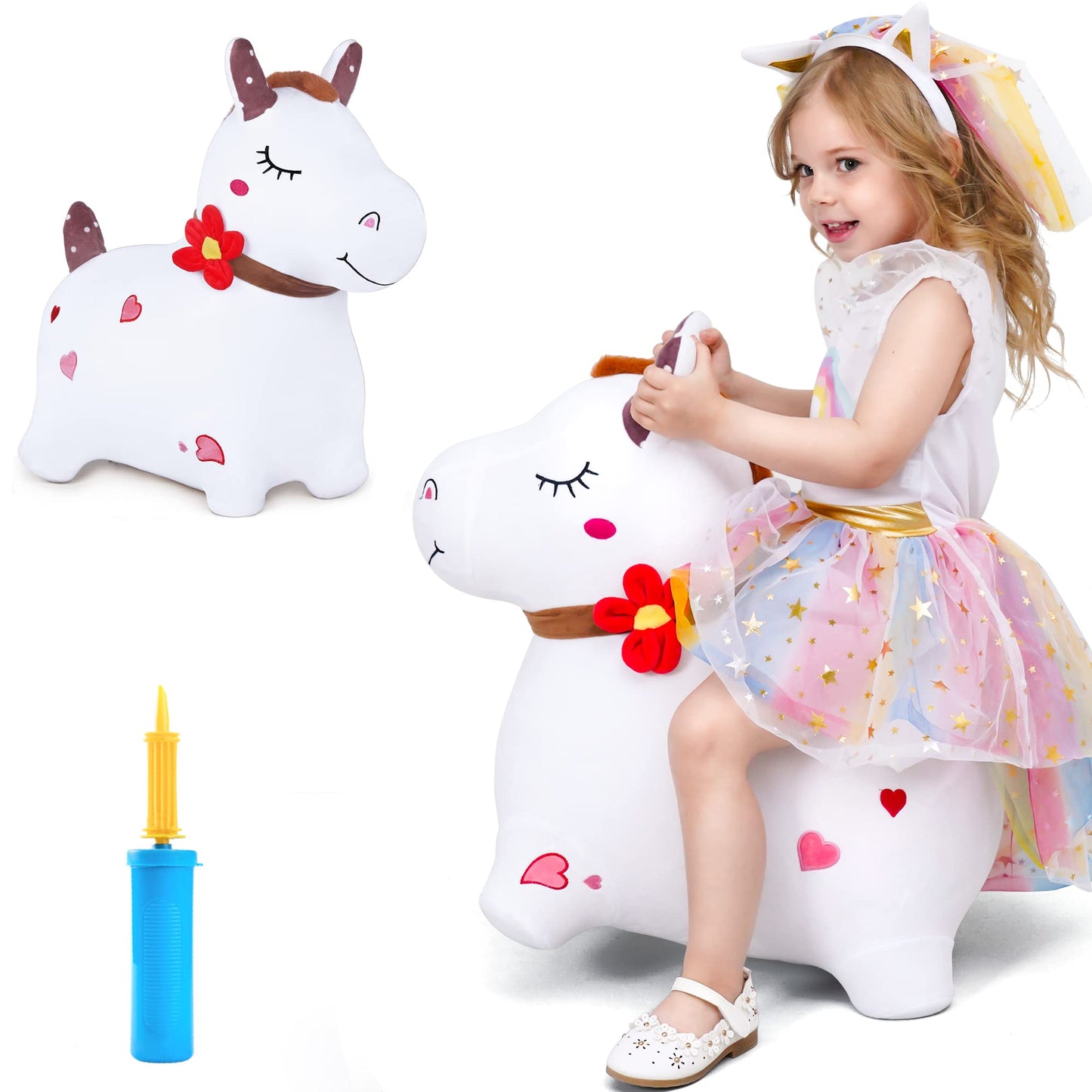 iPlay, iLearn Bouncy Pals White Hopping Horse | Plush Inflatable Ride-On Toy with Pump