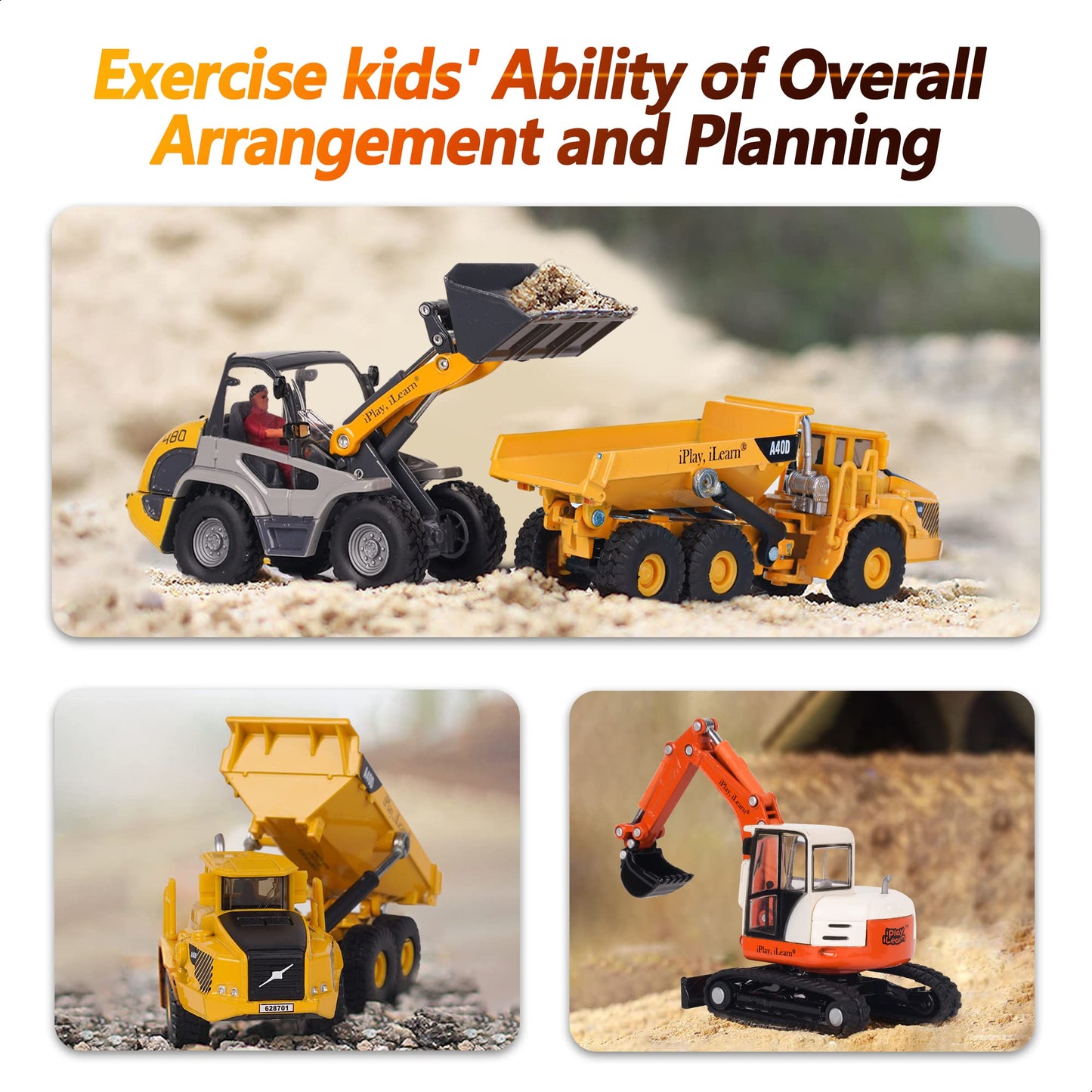 iPlay & iLearn Heavy Duty Construction Playset: Diecast Trucks, Excavator, Backhoe & Bulldozer for 3-6 Year Olds