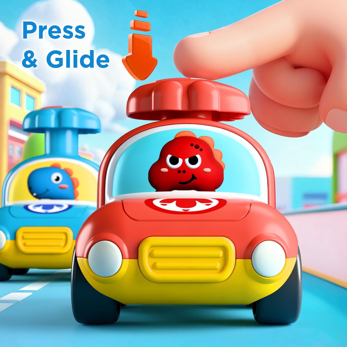 iPlay iLearn Press to Go Dinosaur Car Toys – 4-Pack for Toddlers 12–24 Months