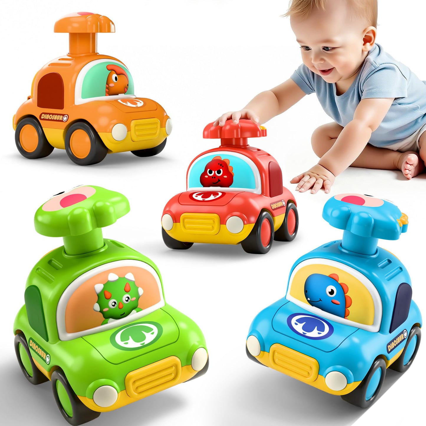 iPlay iLearn Press to Go Dinosaur Car Toys – 4-Pack for Toddlers 12–24 Months