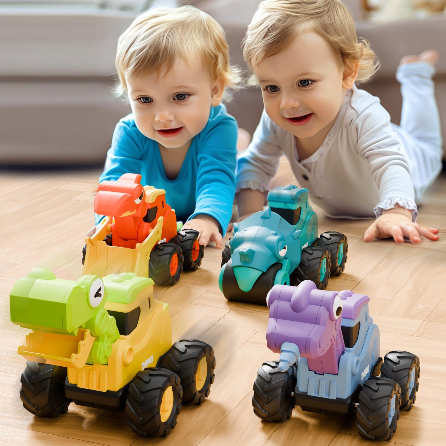 iPlay, iLearn Dinosaur Truck Toys for Toddlers – Press-Go Friction Cars, Dino-Construction Playset (18m+)
