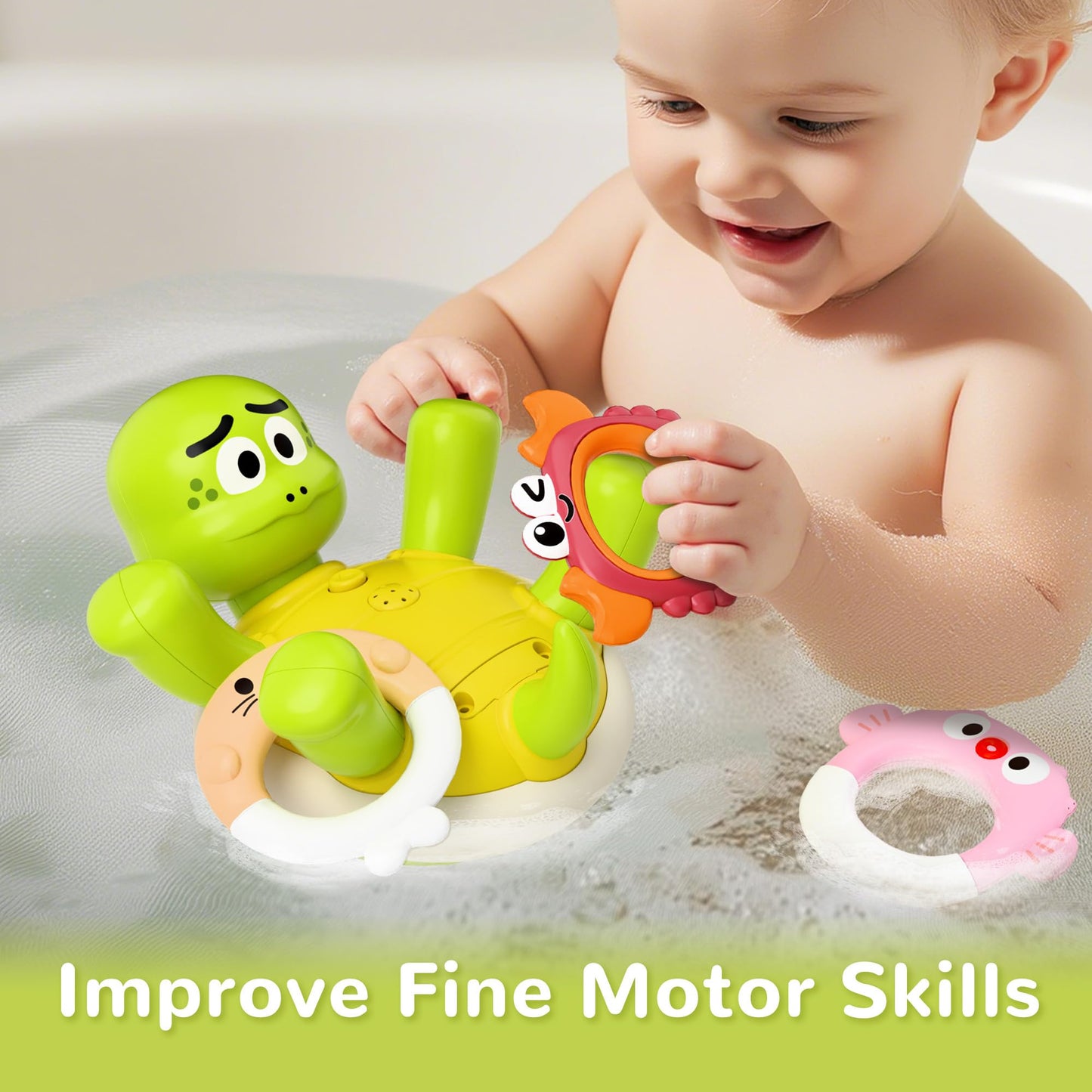 iPlay iLearn Baby Bath Toy Set – Rechargeable Turtle Sprinkler & 5 Rings for Toddlers