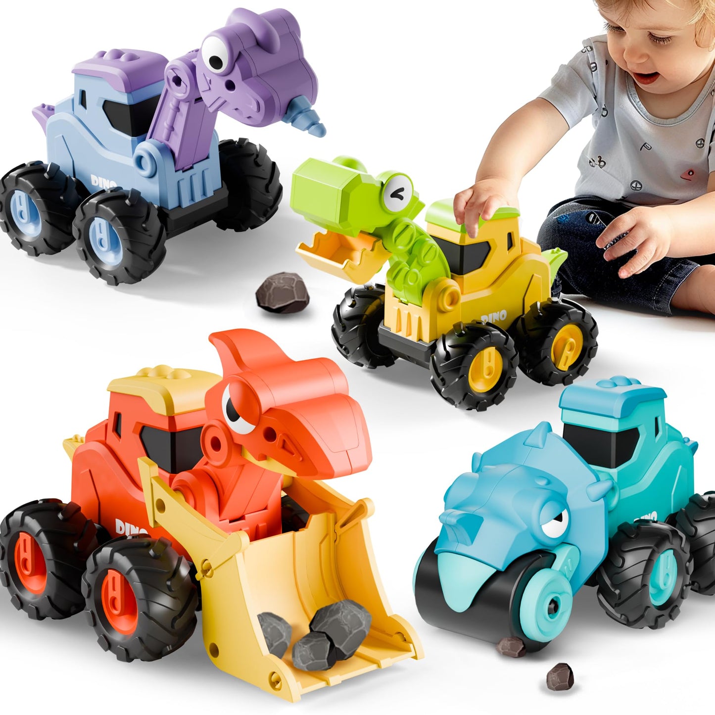 iPlay, iLearn Dinosaur Truck Toys for Toddlers – Press-Go Friction Cars, Dino-Construction Playset (18m+)