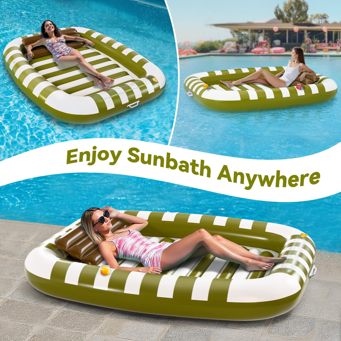 iPlay Pool Wave Inflatable Lounger – 80x66 in Green, Large Family Pool Float with Water Spray