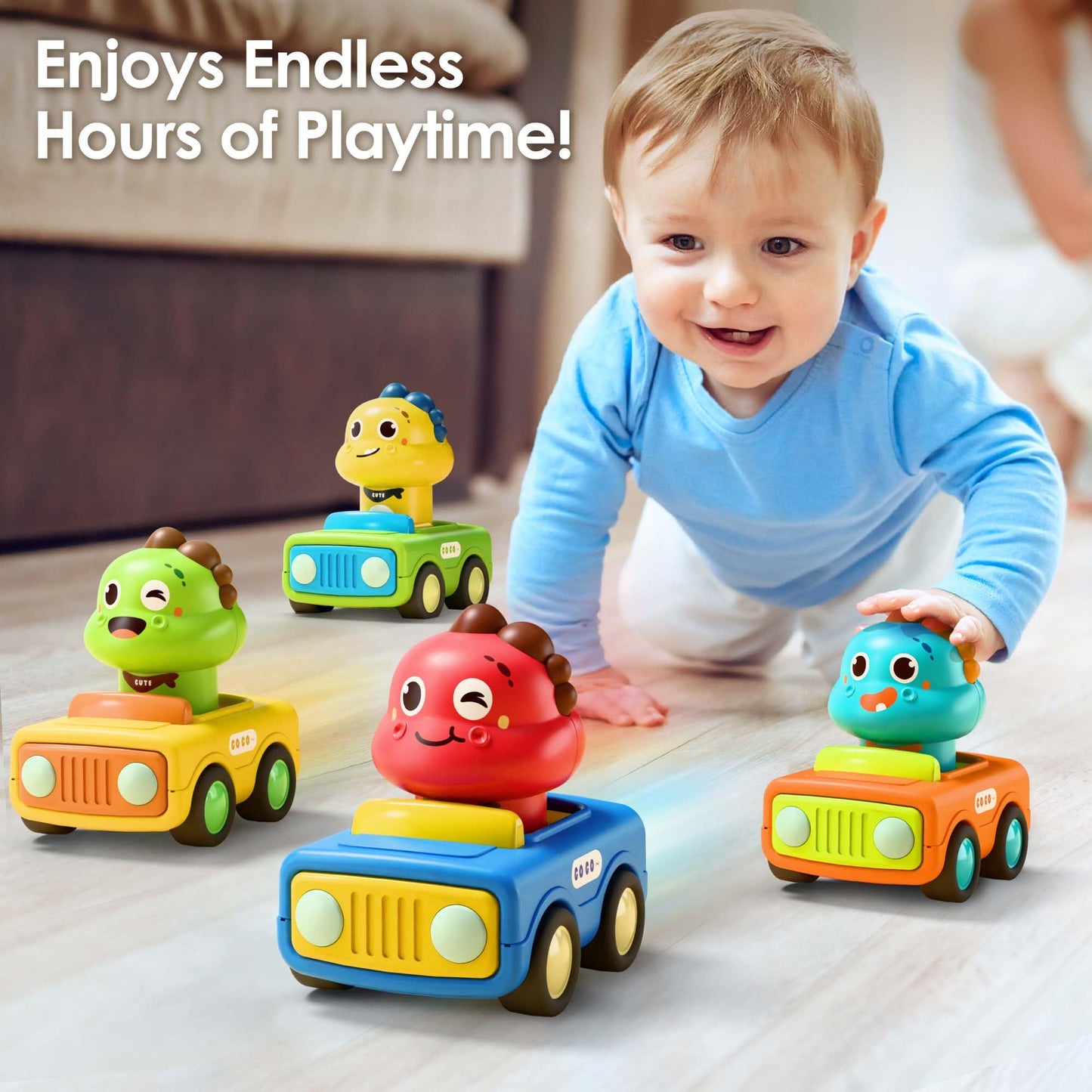 iPlay, iLearn Press Go Car Toys for Toddlers 1-3 — Dino Race Cars & Push-Go Friction Toy