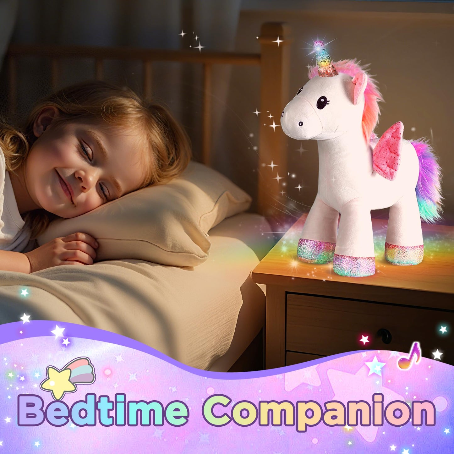 iPlay iLearn Plush Magic Unicorn Toy with Wand – Lights, Sounds & Interactive Play