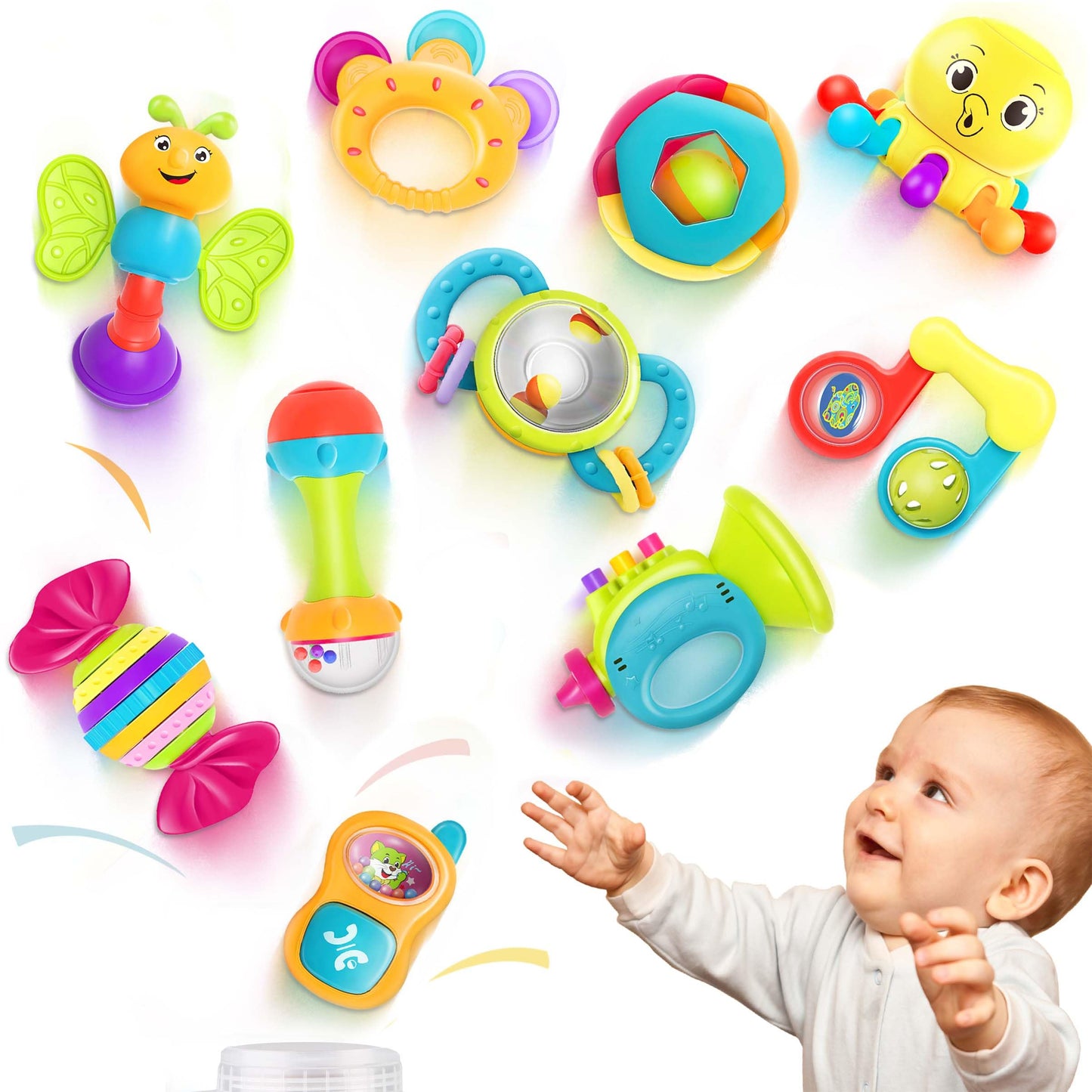 iPlay iLearn 10pcs Baby Rattles Set — Sensory Teether & Shaker Toys for Babies 0-12 Months