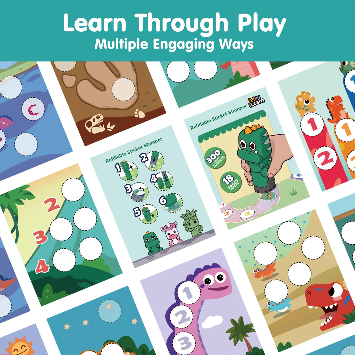 iPlay iLearn Kid Dinosaur Sticker Stamp Set – 400+ Stickers, 18-Page Activity Book, Mess-Free Art for Ages 3–6