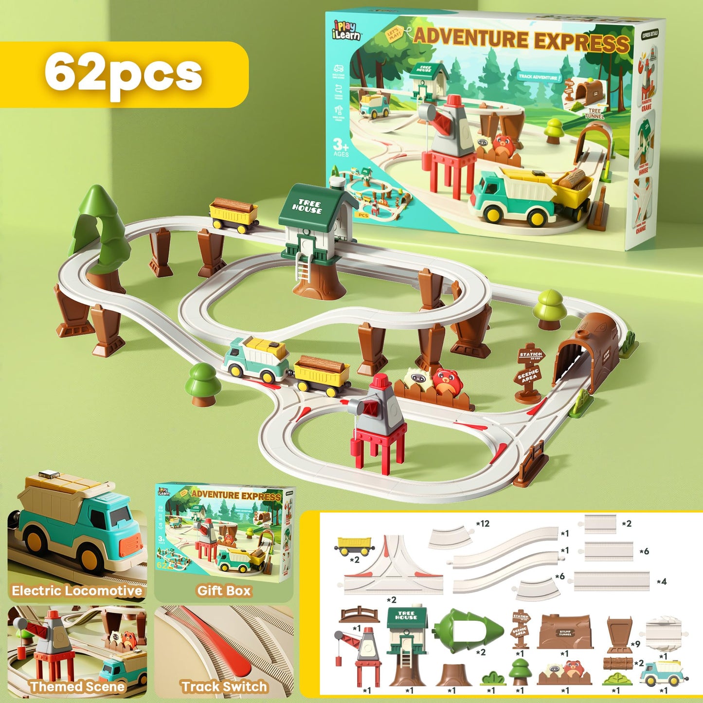iPlay iLearn 62PCS Construction Track Train Set – Electric Train, Magnetic Crane & Building Playset