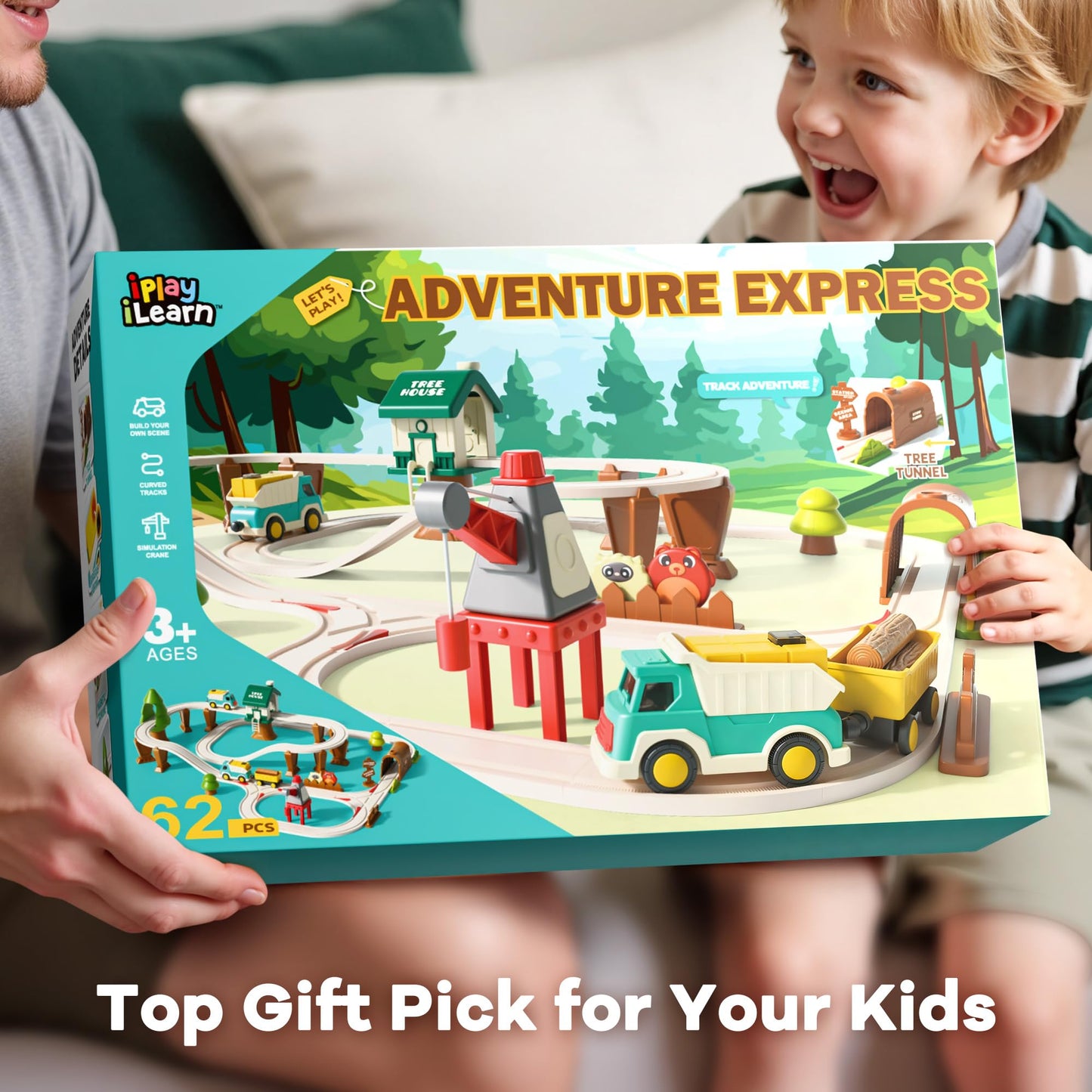 iPlay iLearn 62PCS Construction Track Train Set – Electric Train, Magnetic Crane & Building Playset