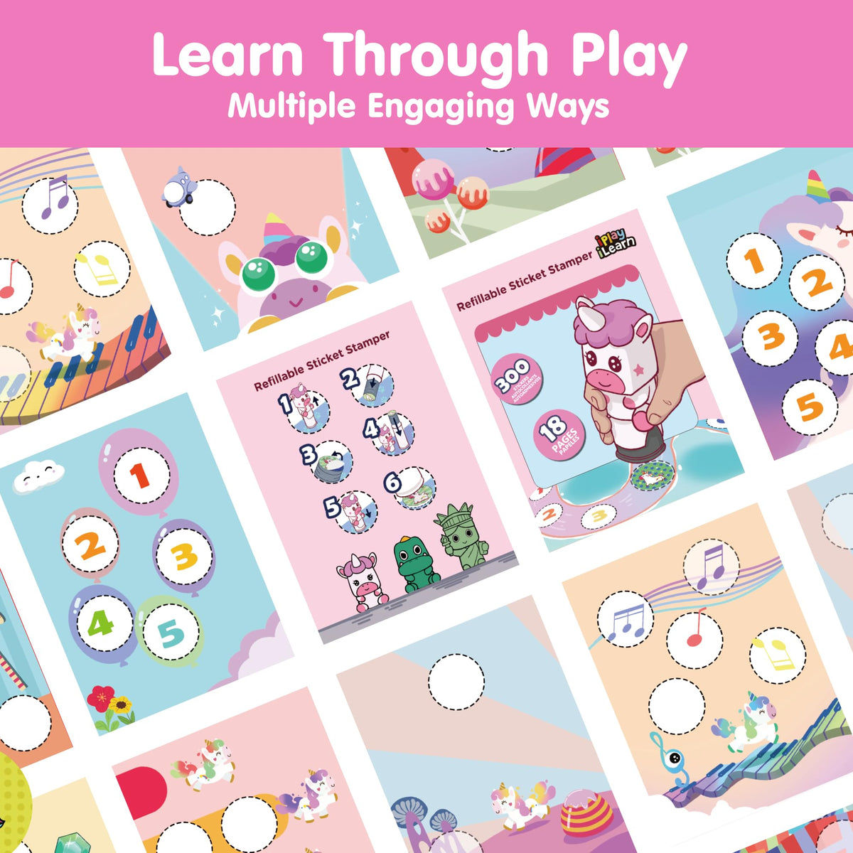 iPlay iLearn Unicorn Sticker Stamp Set – 400+ Stickers + 18-Page Activity Book | Mess-Free Creative Craft for Kids 3–6