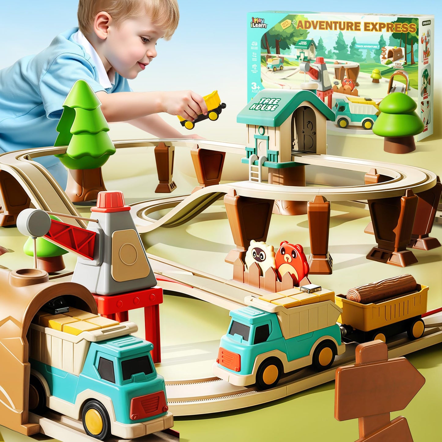 iPlay iLearn 62PCS Construction Track Train Set – Electric Train, Magnetic Crane & Building Playset