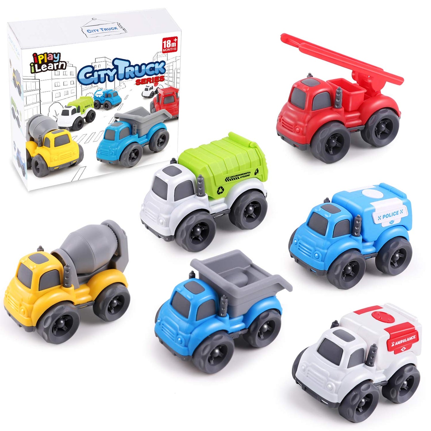 iPlay iLearn 6PCS Friction Cars – Push-Go Construction Trucks for Toddlers