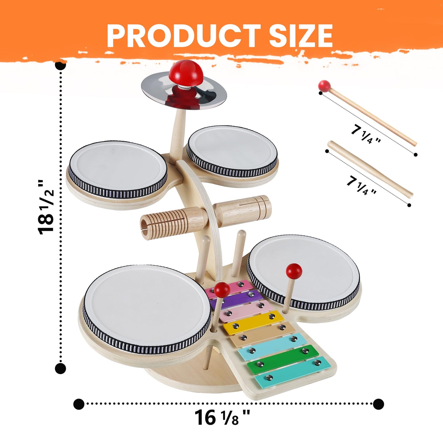 iPlay iLearn 8-in-1 Toddler Wooden Drum Set – Montessori Music Toy for 18 Months+