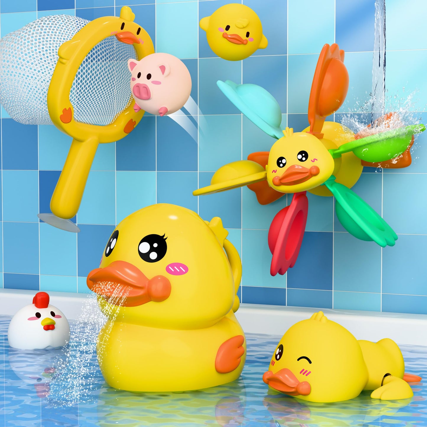 iPlay, iLearn Baby Duck Bath Toy Set – Windmill Suction, Wind-Up Duck, Fishing Net & Floating Animals
