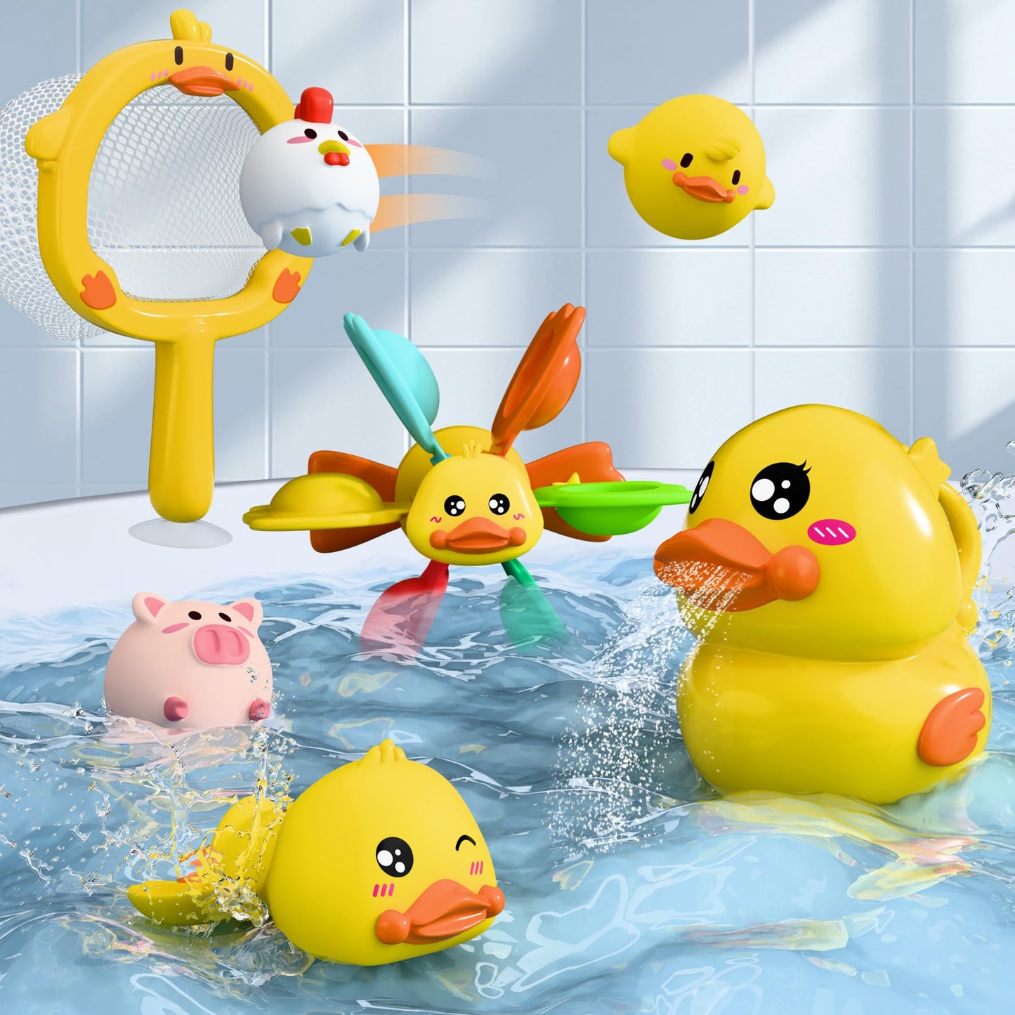iPlay, iLearn Baby Duck Bath Toy Set – Windmill Suction, Wind-Up Duck, Fishing Net & Floating Animals
