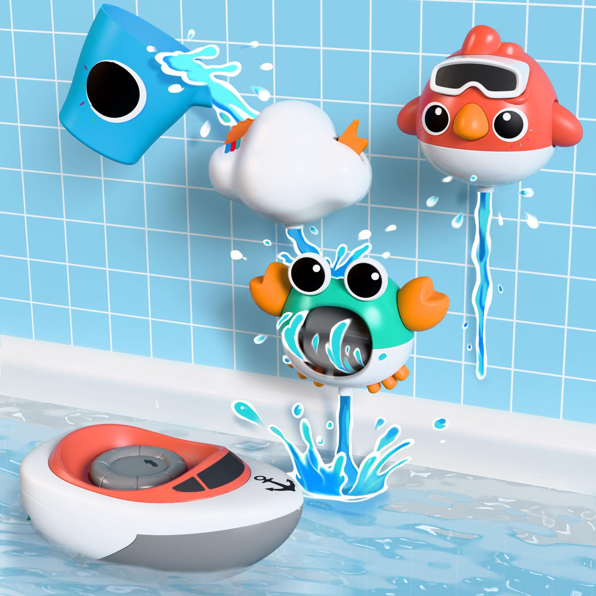 iPlay iLearn Baby Bath Toy Set for Toddlers 6–36 Months – Cloud See-Saw, Bird, Crab, Shower Cup & Wind-Up Boat