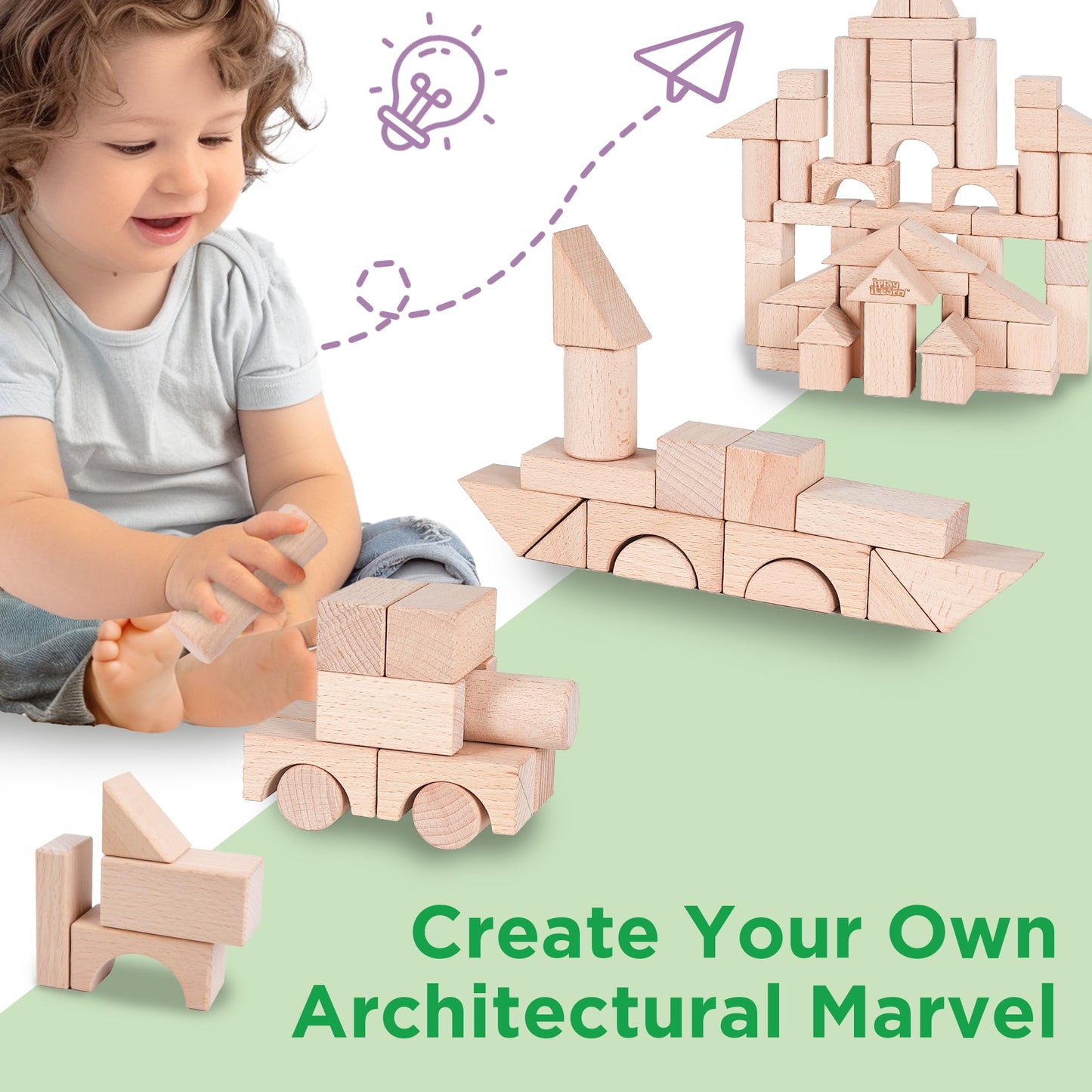 iPlay iLearn Wooden Building Block Set for Kids — Montessori Blocks & Wooden Castle Toy