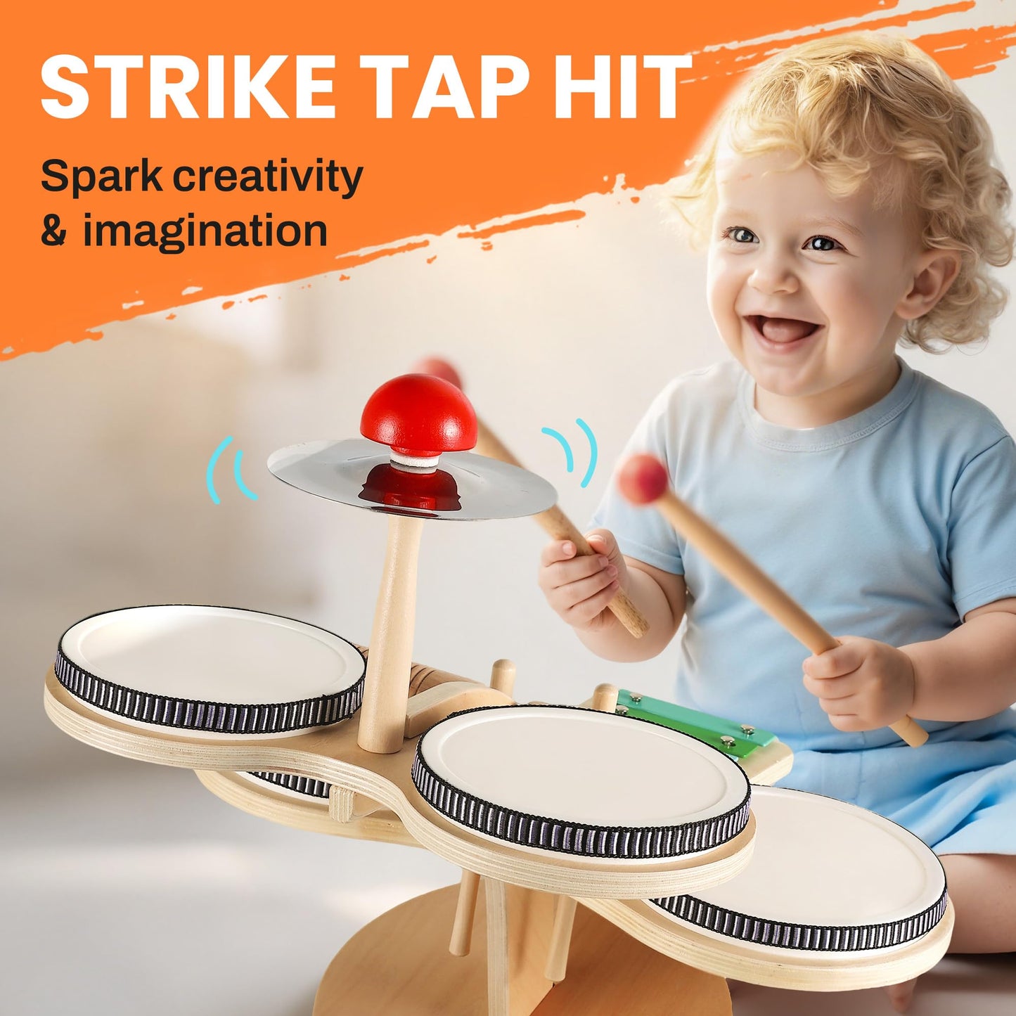 iPlay iLearn 8-in-1 Toddler Wooden Drum Set – Montessori Music Toy for 18 Months+