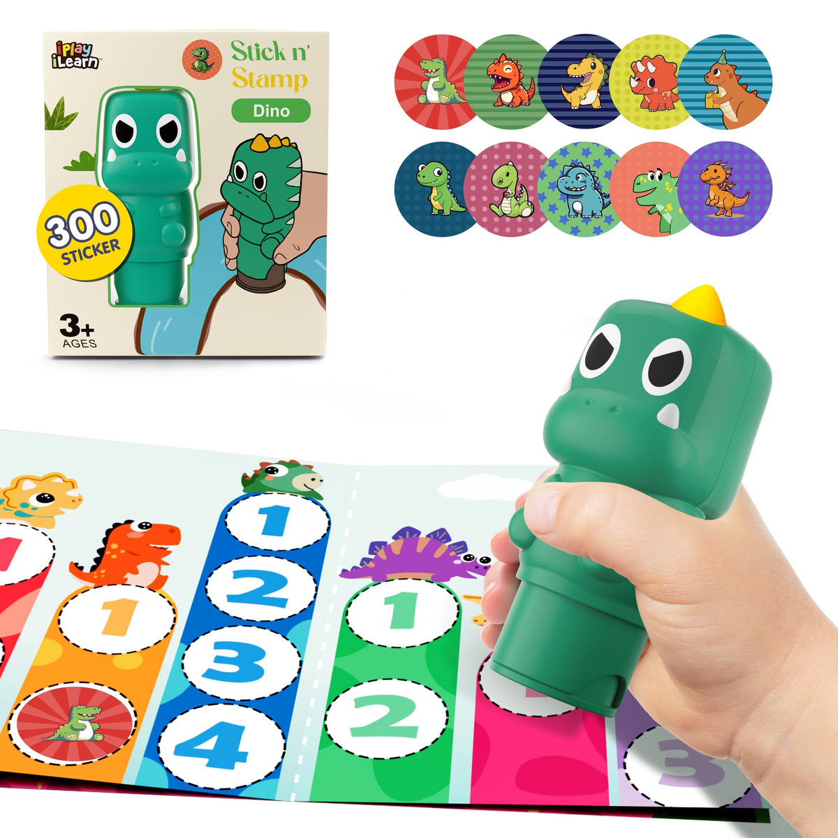 iPlay iLearn Kid Dinosaur Sticker Stamp Set – 400+ Stickers, 18-Page Activity Book, Mess-Free Art for Ages 3–6