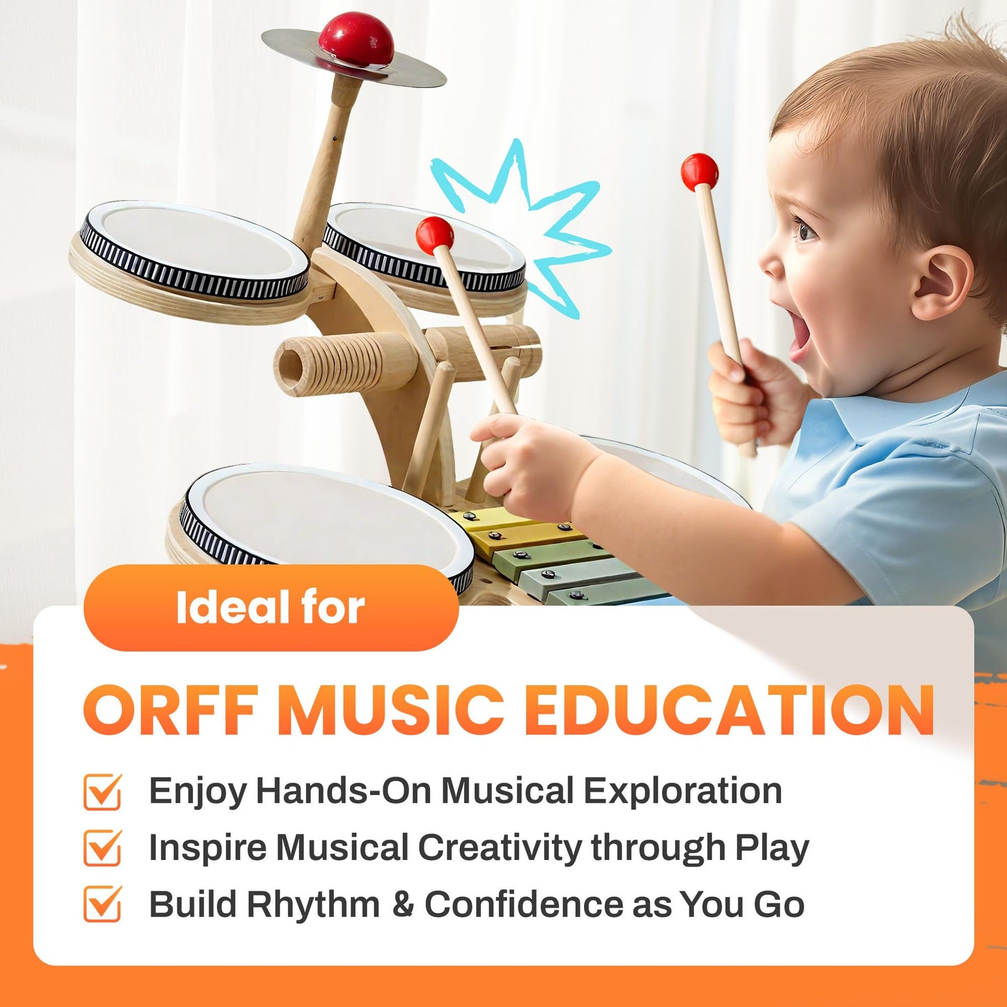iPlay iLearn 8-in-1 Toddler Wooden Drum Set – Montessori Music Toy for 18 Months+