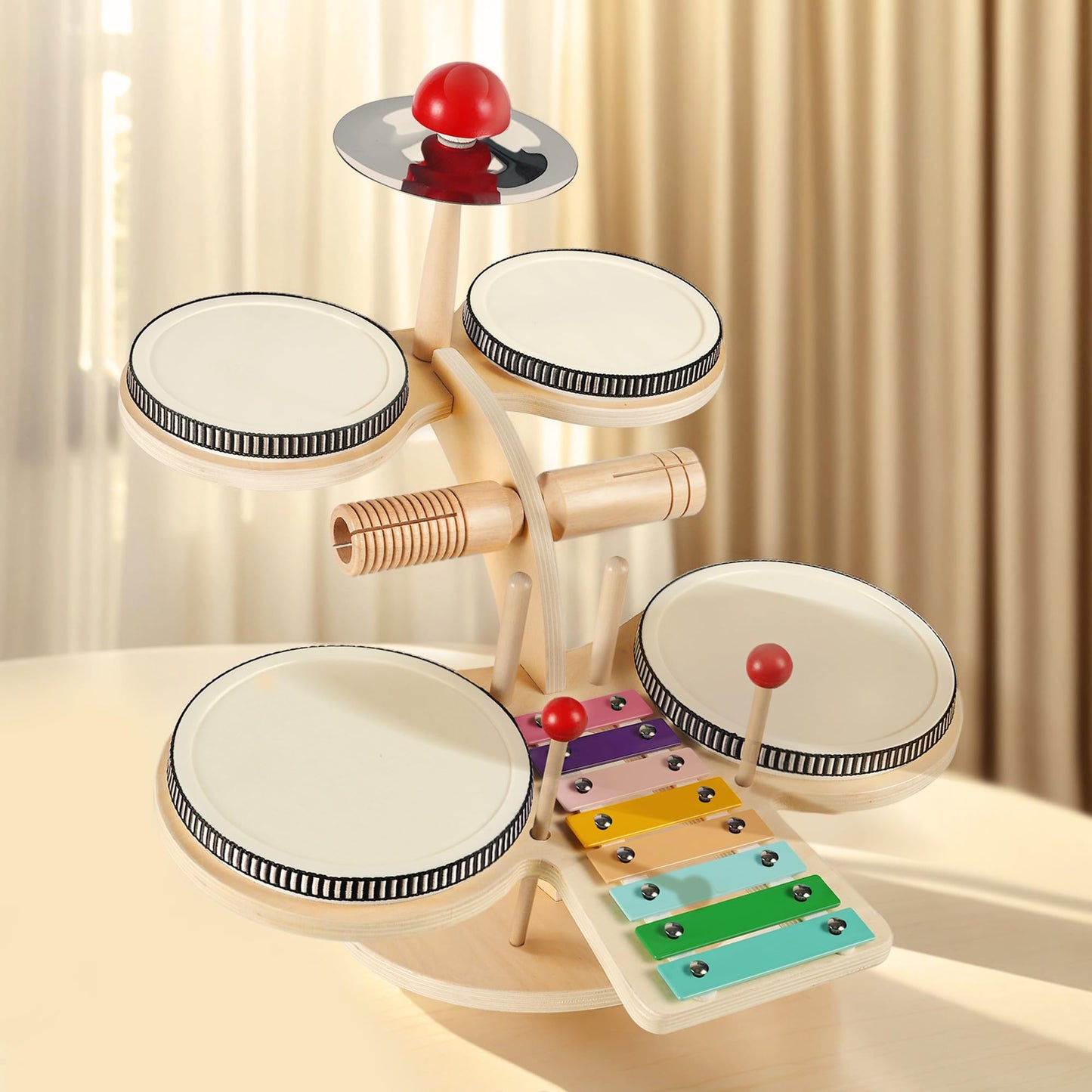 iPlay iLearn 8-in-1 Toddler Wooden Drum Set – Montessori Music Toy for 18 Months+