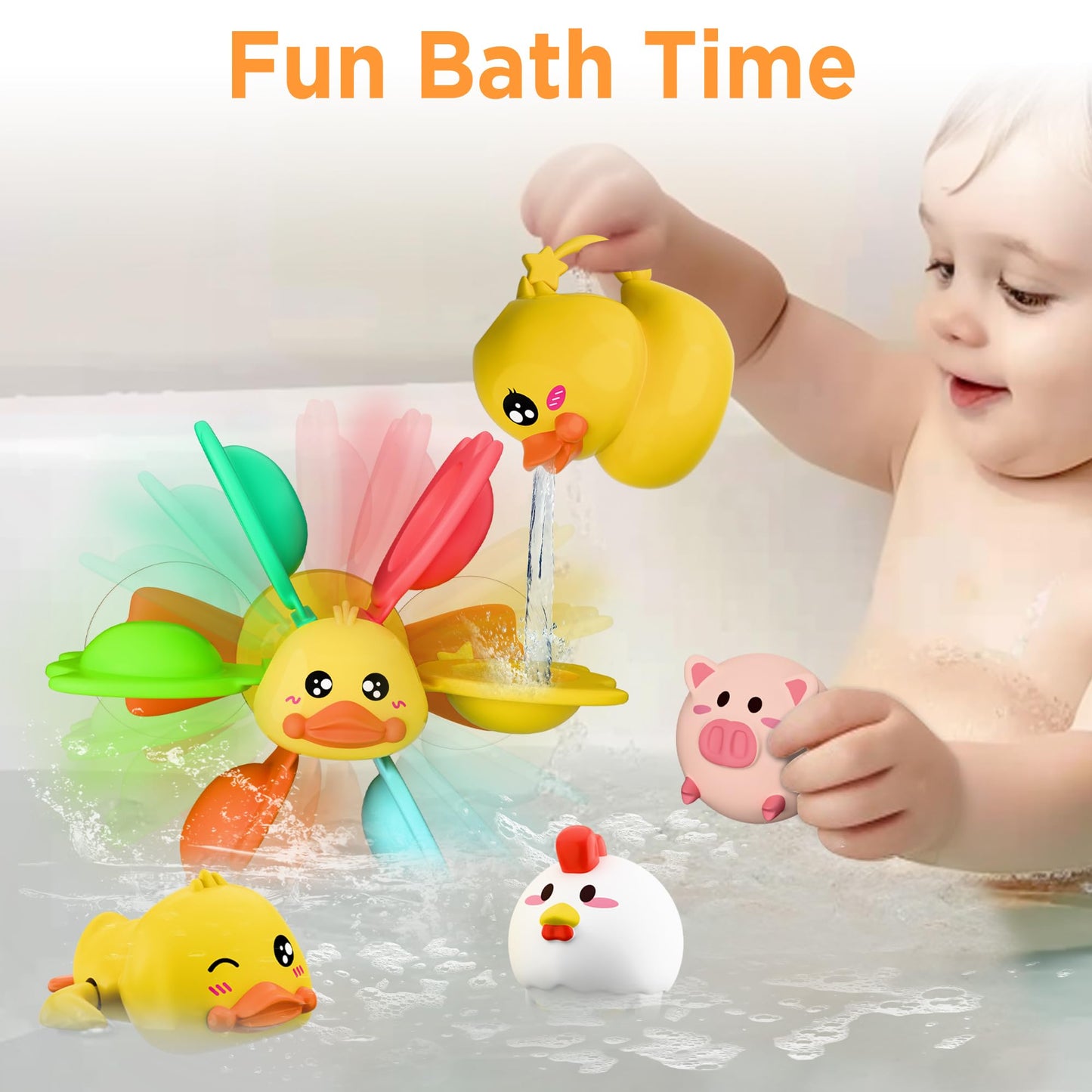 iPlay, iLearn Baby Duck Bath Toy Set – Windmill Suction, Wind-Up Duck, Fishing Net & Floating Animals