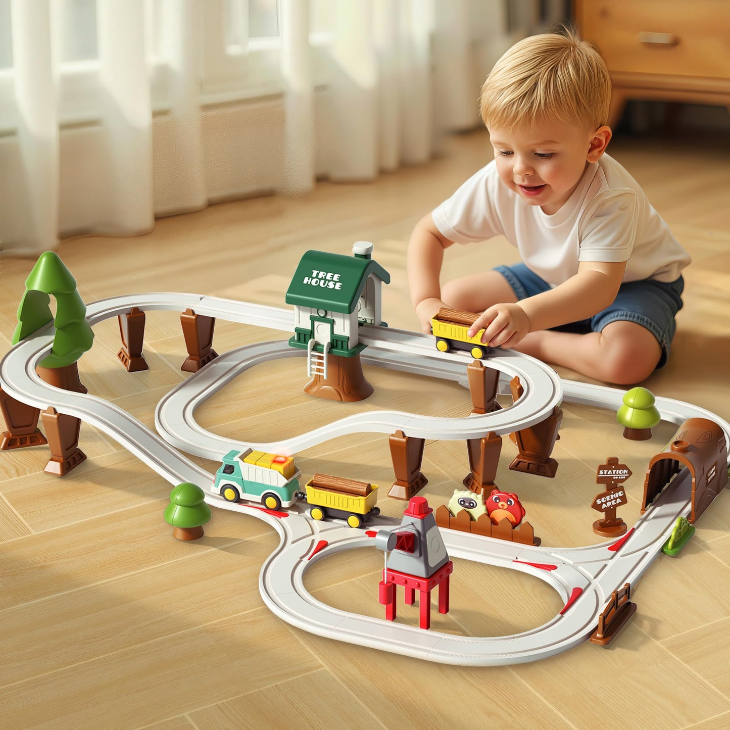 iPlay iLearn 62PCS Construction Track Train Set – Electric Train, Magnetic Crane & Building Playset