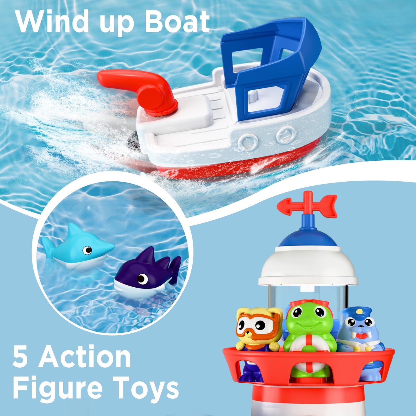 iPlay iLearn Bath Toys for Toddlers 2-4 | Lighthouse Bath Toy Set with Wind-Up Boat