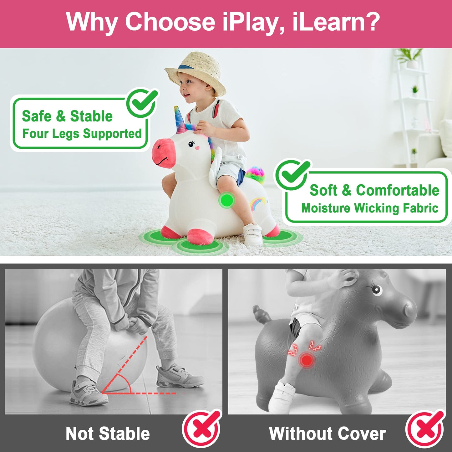 iPlay iLearn Hopping Unicorn Horse – Toddler Ride-On Bouncer Toy