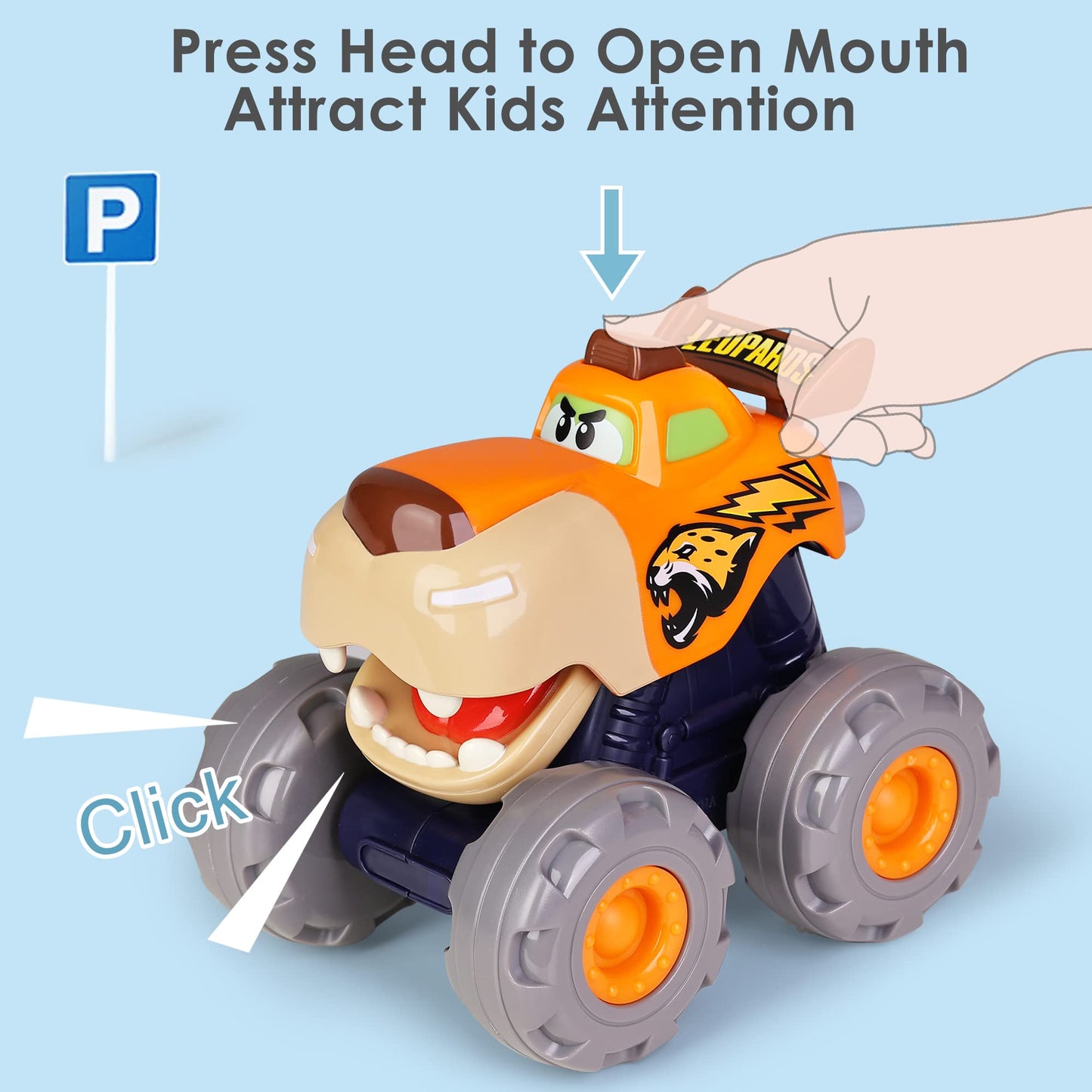 iPlay iLearn 3PCS Monster Truck Toys – Friction, Pull-Back & Push-Go Animals for Toddlers (12–48 Months)