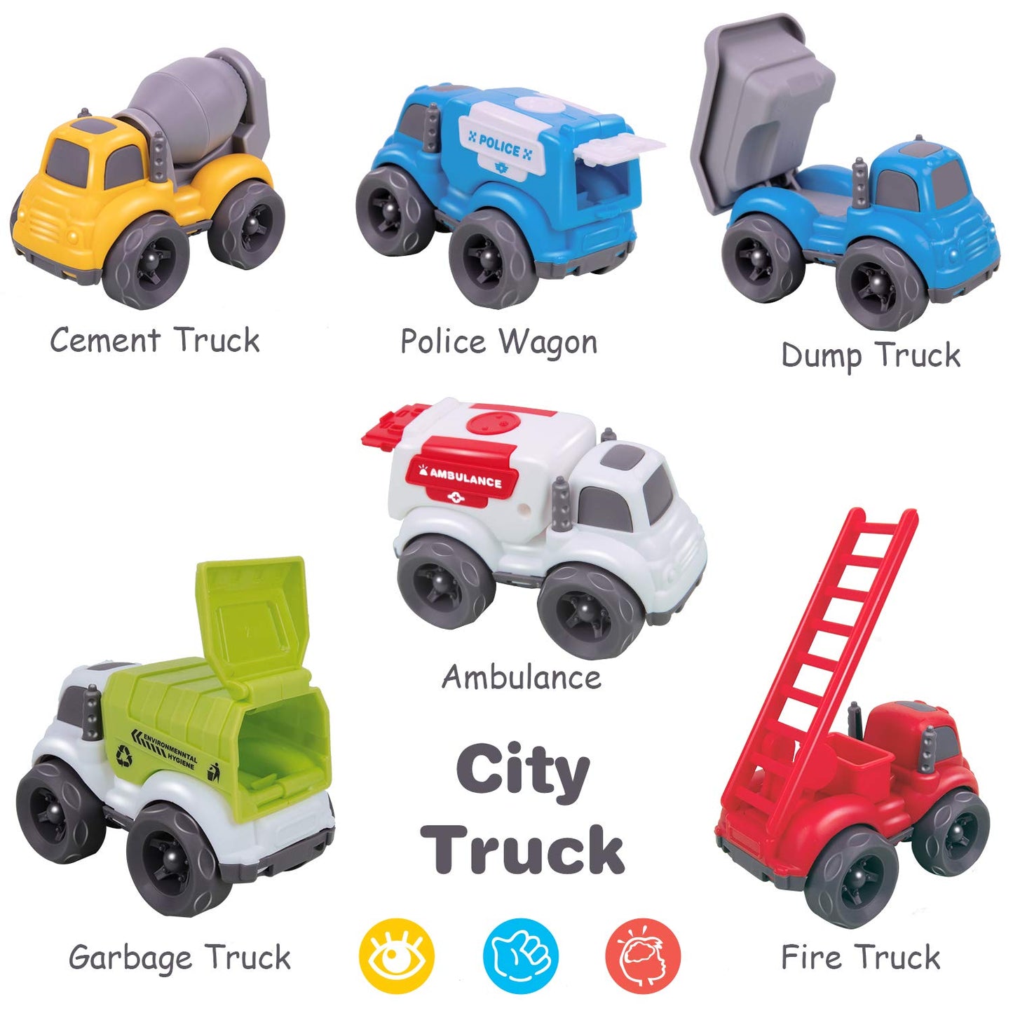 iPlay iLearn 6PCS Friction Cars – Push-Go Construction Trucks for Toddlers