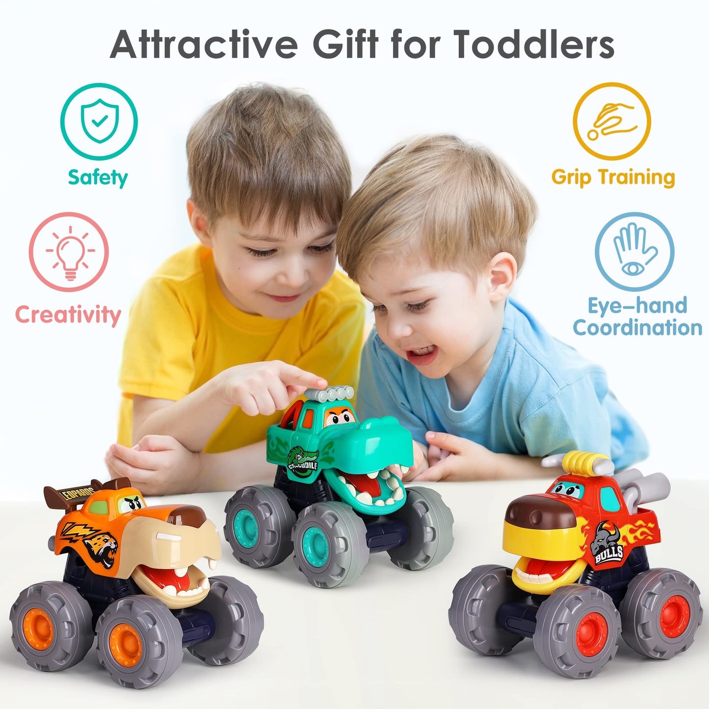 iPlay iLearn 3PCS Monster Truck Toys – Friction, Pull-Back & Push-Go Animals for Toddlers (12–48 Months)