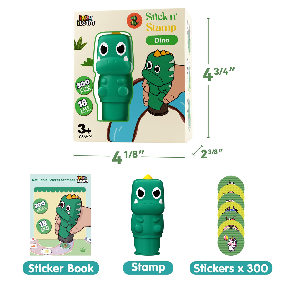 iPlay iLearn Kid Dinosaur Sticker Stamp Set – 400+ Stickers, 18-Page Activity Book, Mess-Free Art for Ages 3–6