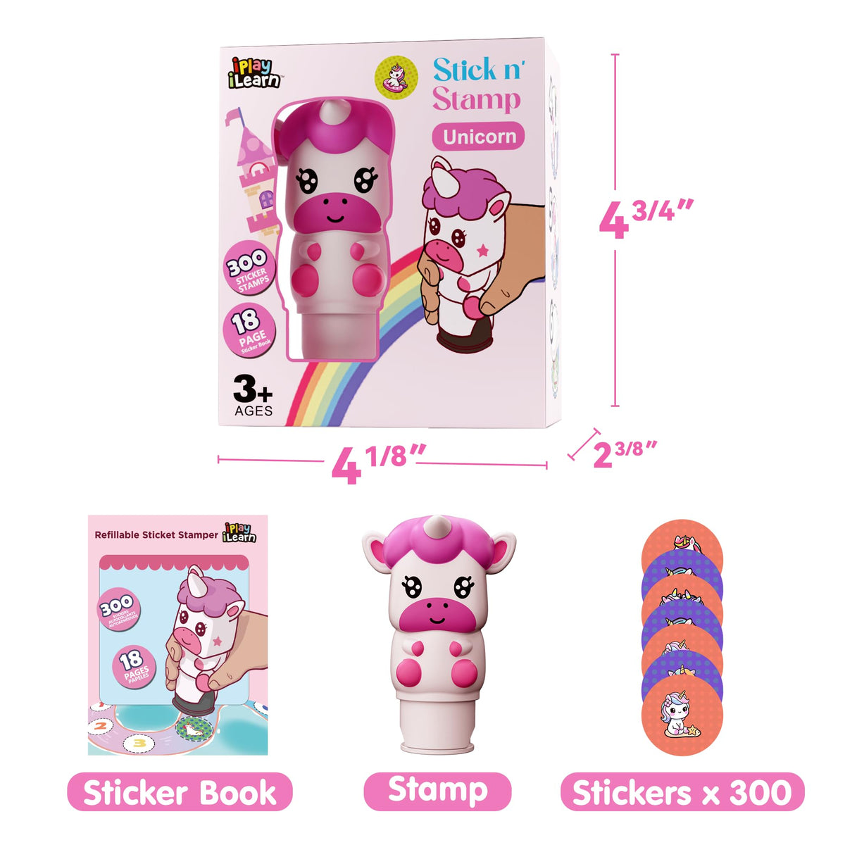 iPlay iLearn Unicorn Sticker Stamp Set – 400+ Stickers + 18-Page Activity Book | Mess-Free Creative Craft for Kids 3–6