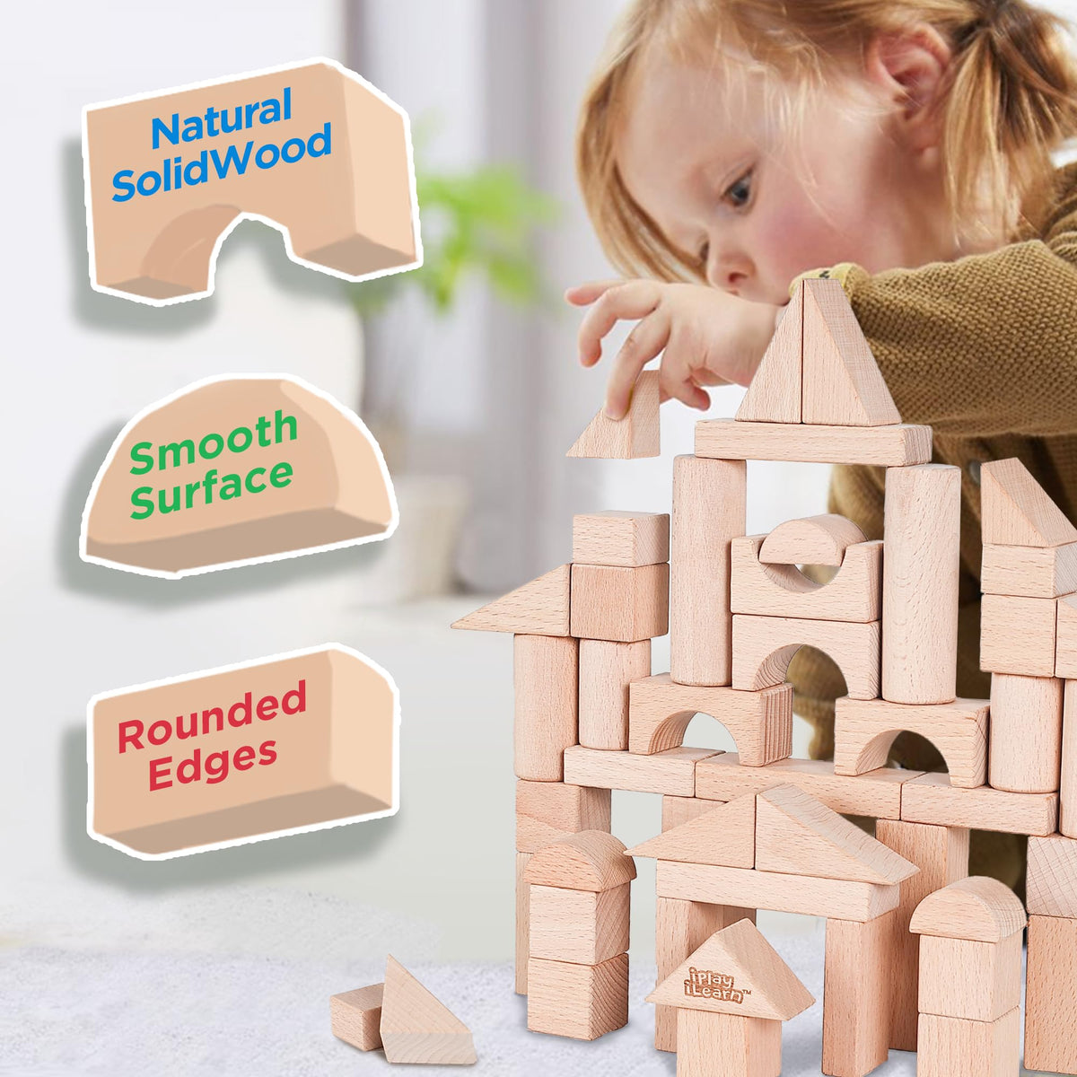 iPlay iLearn Wooden Building Block Set for Kids — Montessori Blocks & Wooden Castle Toy