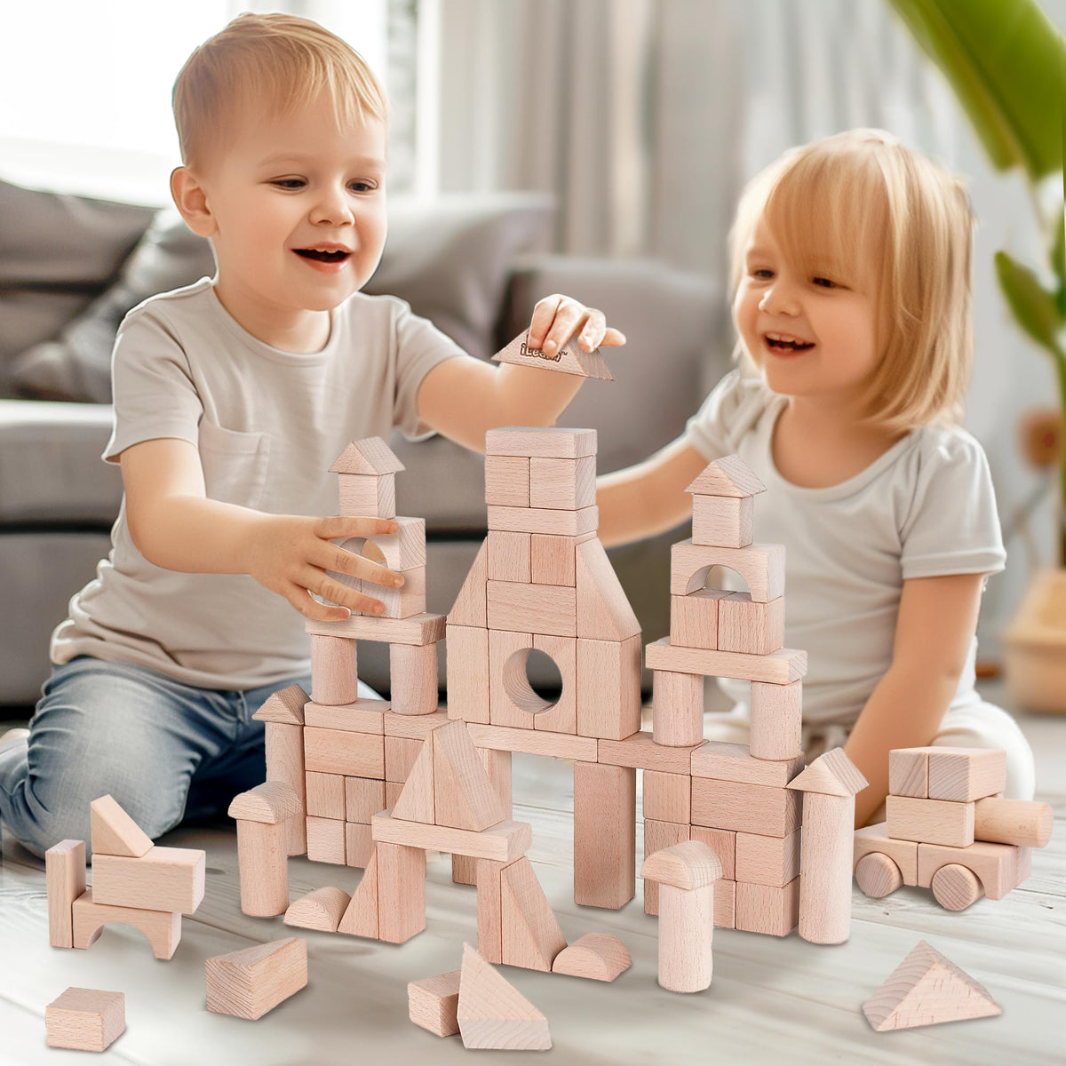 iPlay iLearn Wooden Building Block Set for Kids — Montessori Blocks & Wooden Castle Toy