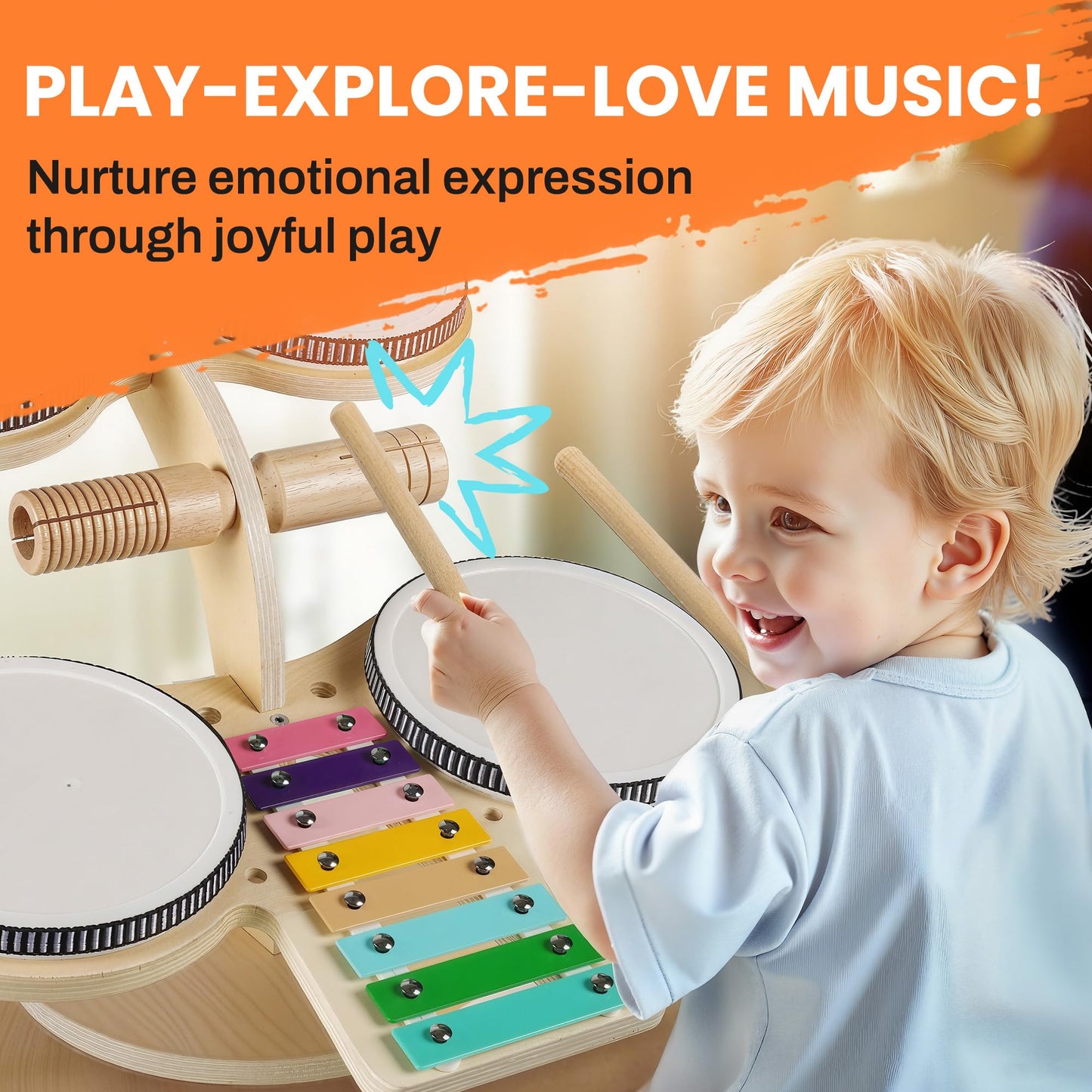 iPlay iLearn 8-in-1 Toddler Wooden Drum Set – Montessori Music Toy for 18 Months+