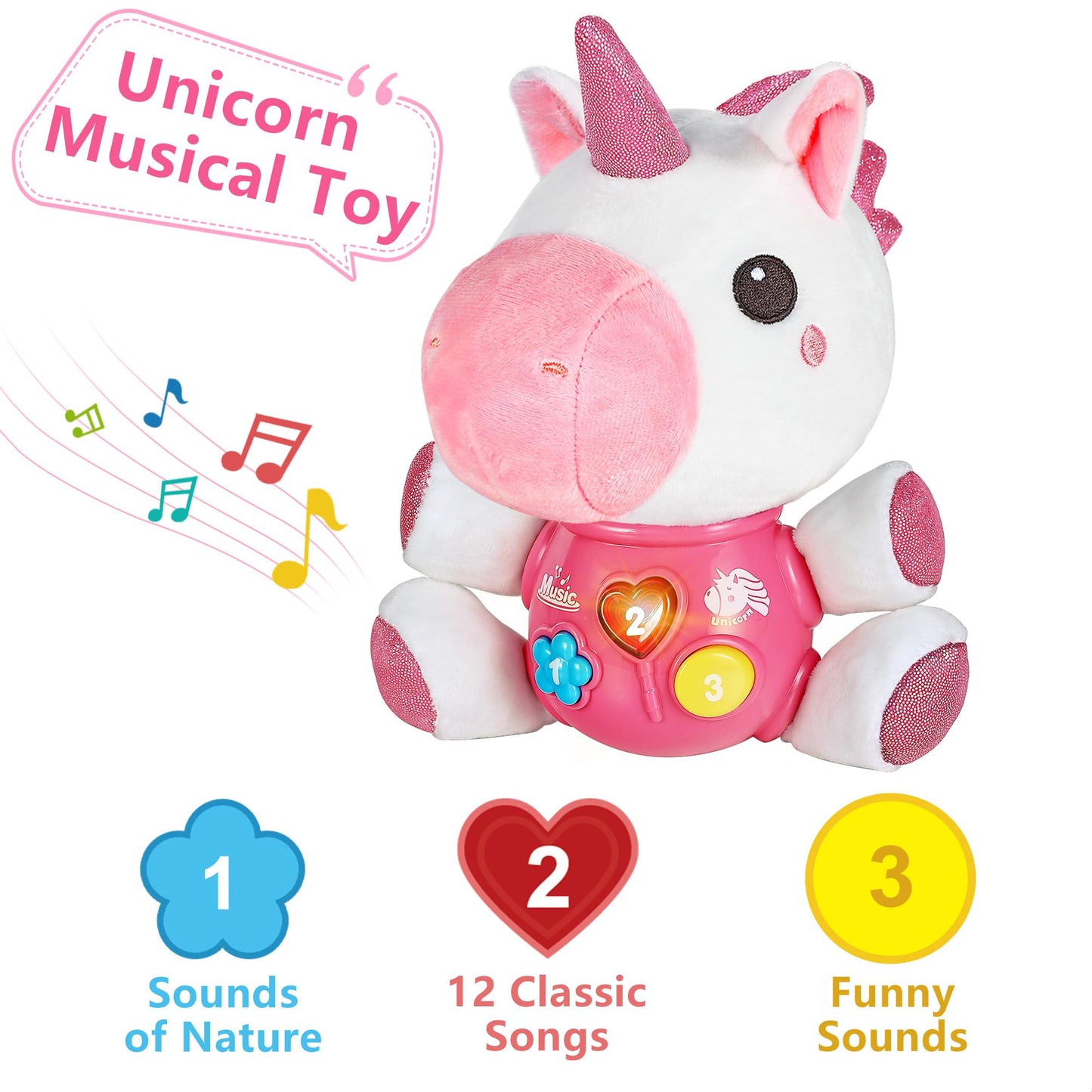 iPlay iLearn Baby Unicorn Musical Toy – Soft Plush, Light-Up Music for Sleep & Play