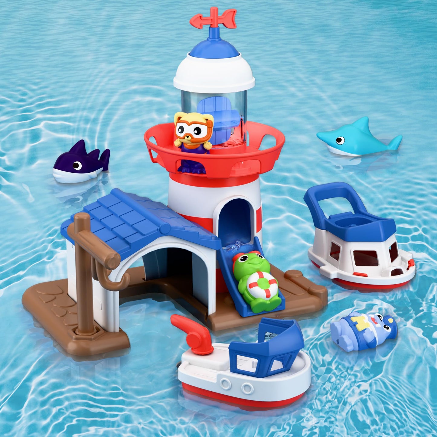 iPlay iLearn Bath Toys for Toddlers 2-4 | Lighthouse Bath Toy Set with Wind-Up Boat
