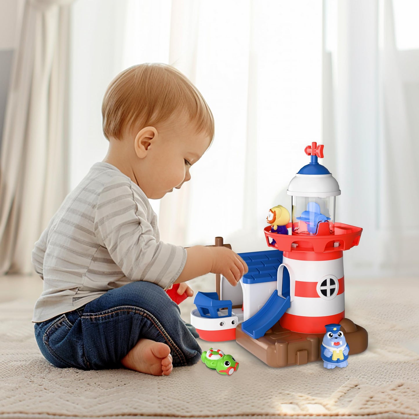 iPlay iLearn Bath Toys for Toddlers 2-4 | Lighthouse Bath Toy Set with Wind-Up Boat