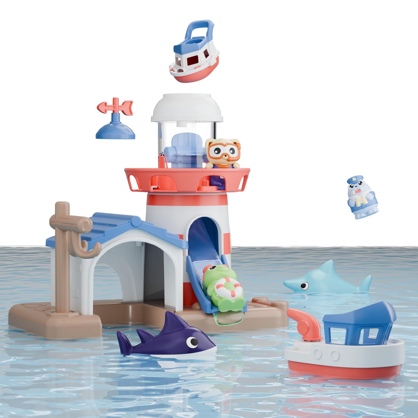 iPlay iLearn Bath Toys for Toddlers 2-4 | Lighthouse Bath Toy Set with Wind-Up Boat