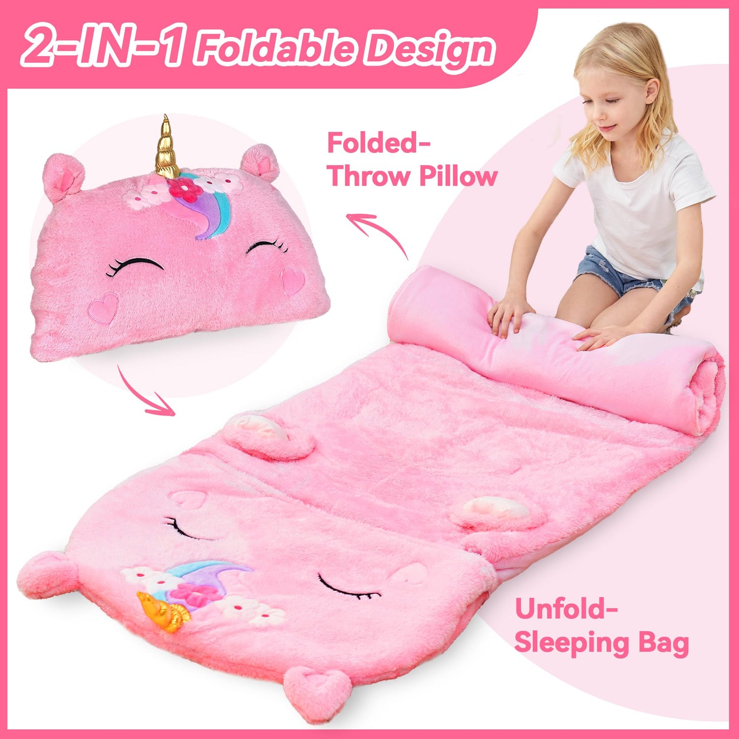 iPlay iLearn Unicorn Sleeping Bag for Kids – 2-in-1 Nap Mat & Pillow
