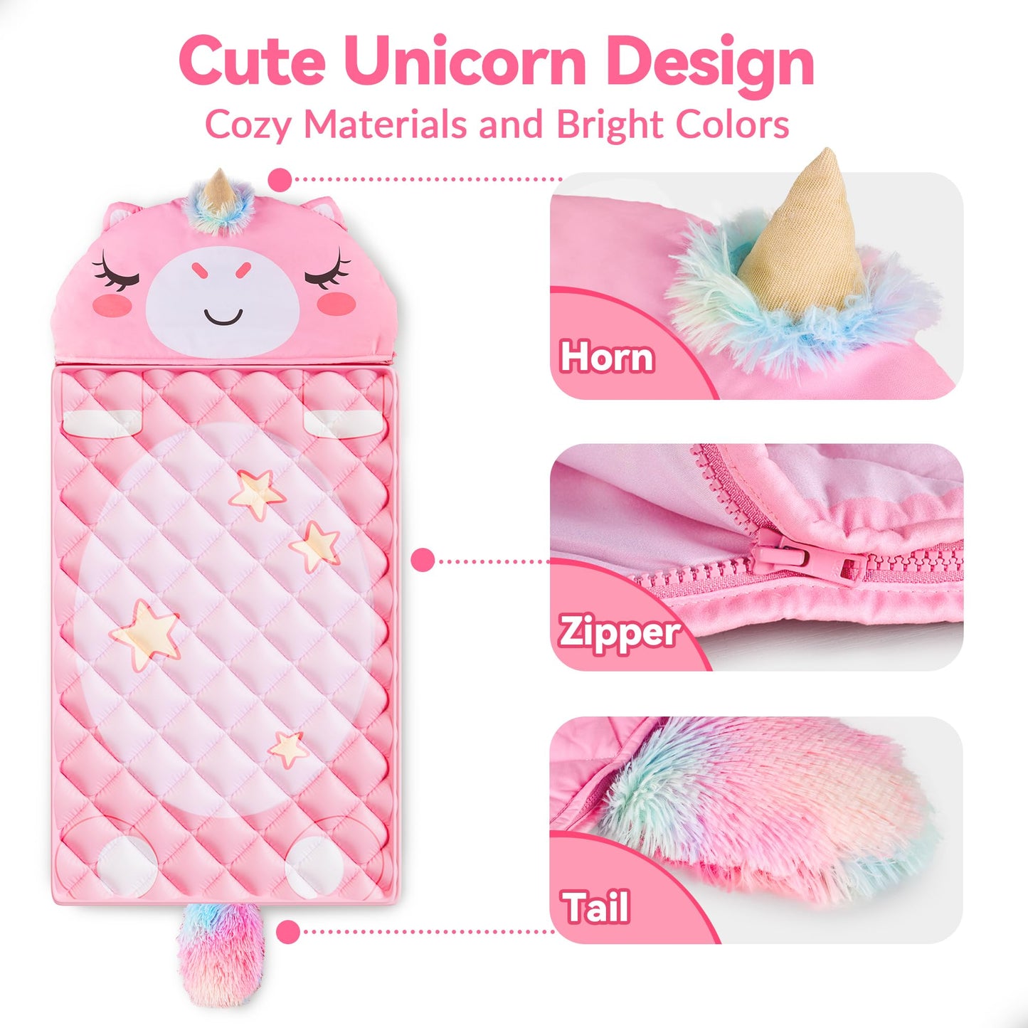iPlay iLearn Unicorn Slumber Sack – 2-in-1 Pink Nap Mat for Kids 3-6
